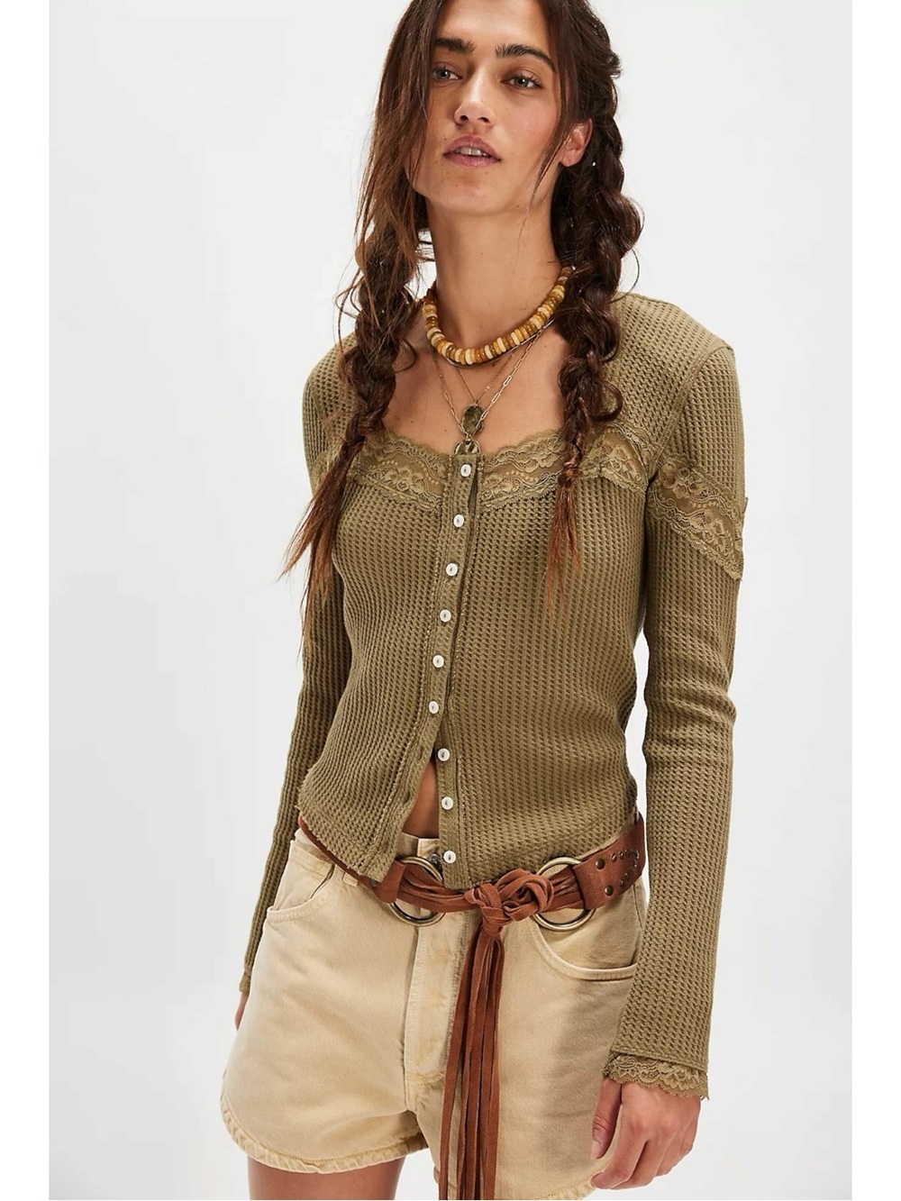 Free People Let's Party Cardi in Gothic Olive XL NWT Dainty Thermal Lace 90s Y2K